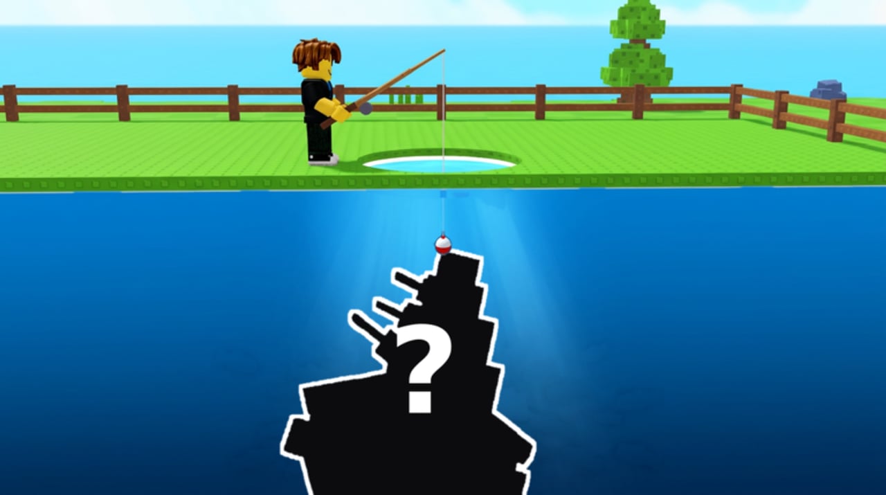 Hole Fishing gameplay showing a player casting into a personal fishing hole with rod upgrades nearby